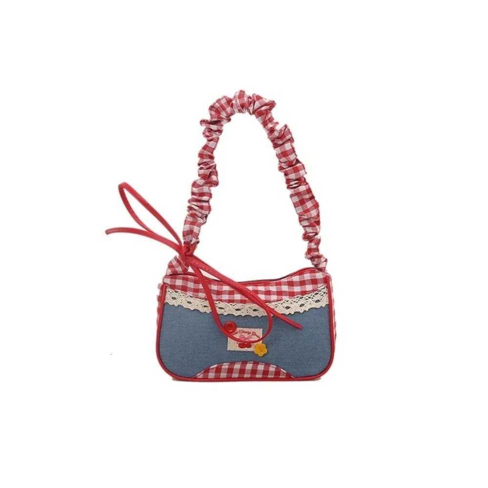 Portable Rural Style Lattice Shoulder Bag Plaid Bow Denim Underarm Bag Leisure Commuting Crossbody Bag TravelT251020