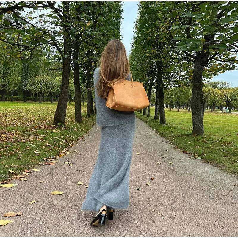 Fall V-Neck Tops Long Skirt Sets Women Fluffy Soft Mink Cashmere Sweater Suits Female Elegant Solid Warm Outfits Z002 251020 251020