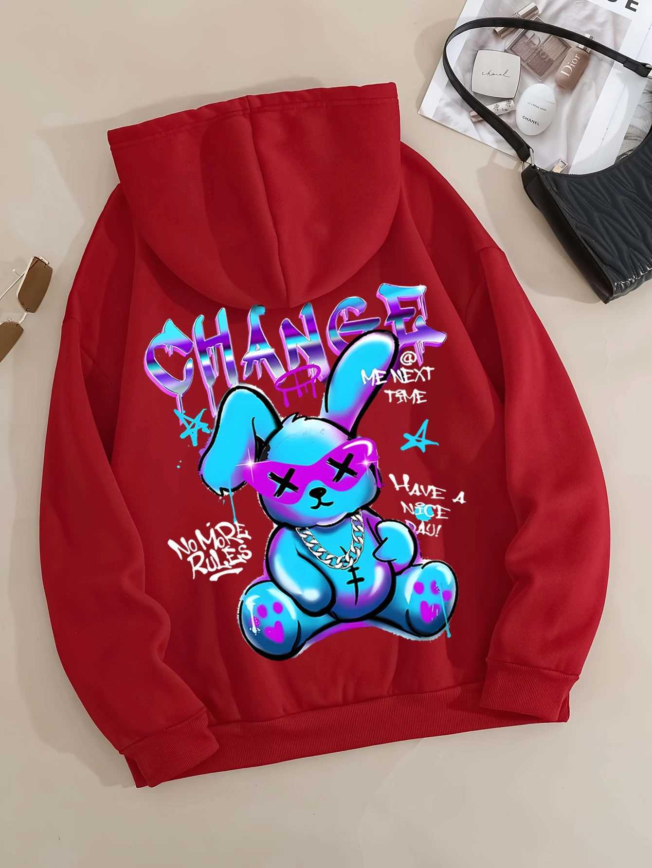 Trendy Rabbit Cartoons Print Sweatshirt Female Fashion AllMatch Street Hoody Crewneck Casual Hoodies Pullover Oversize Clothing W251020