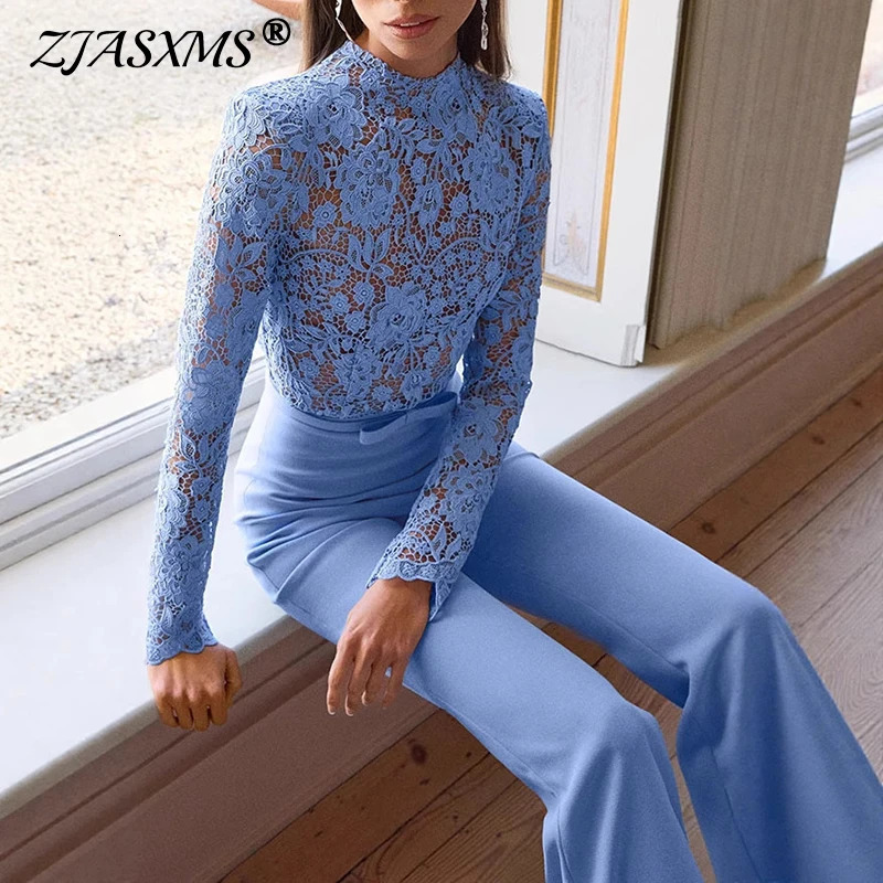 Jacquard Lace Highwaisted Women Jumpsuit Embroidery Crochet Office Straight Playsuit Sexy See Through Hollow Flare Pants Romper 251016