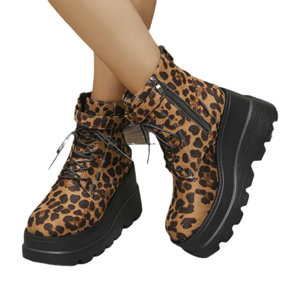 2024 Ladies Shoes Large Size Ankle Womens Boots High Heel Modern Boots Women Leopard Side Zip Frt Laceup Wedge Female ShoesXJ251020
