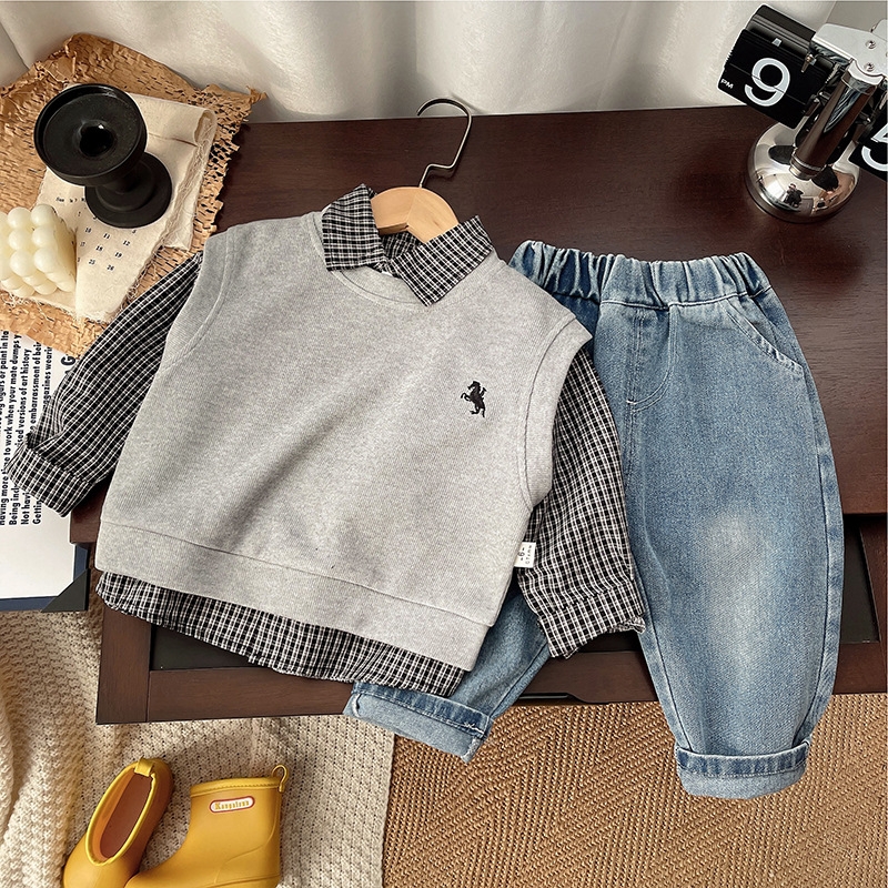 2025 New Hot selling Spring Clothing New Fashionable Baby Vest Small Grid Three piece Set Spring and Autumn Baby Trendy Boys' Set Free Shipping