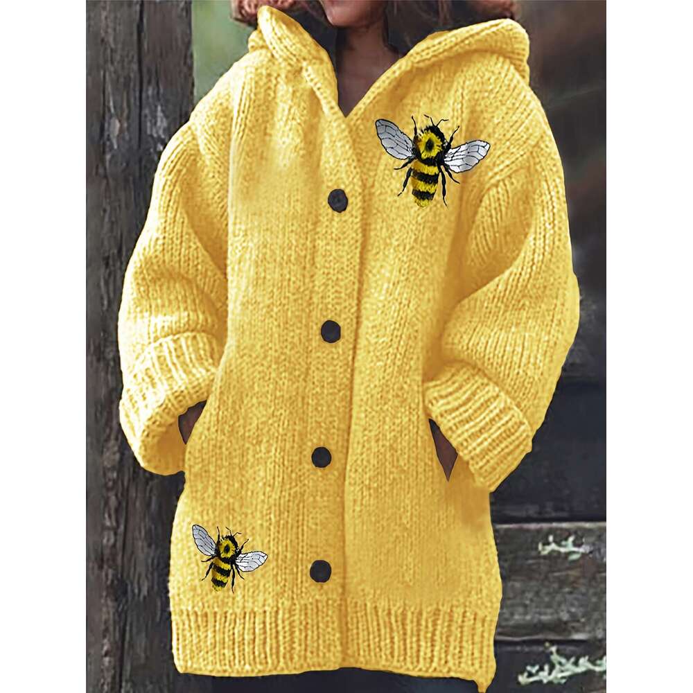 Embroidered Bees Hooded Cardigan 1Pc Women's Casual Polyester Knit - Medium Stretch, Button Front, Animal Pattern, Fall/Winter Coat