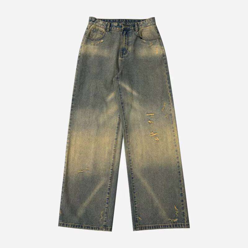 2025Fashion Hip Hop Ripped Baggy ized Vintage Mud Dyed Wash Casual Denim Quality Jeans for Men