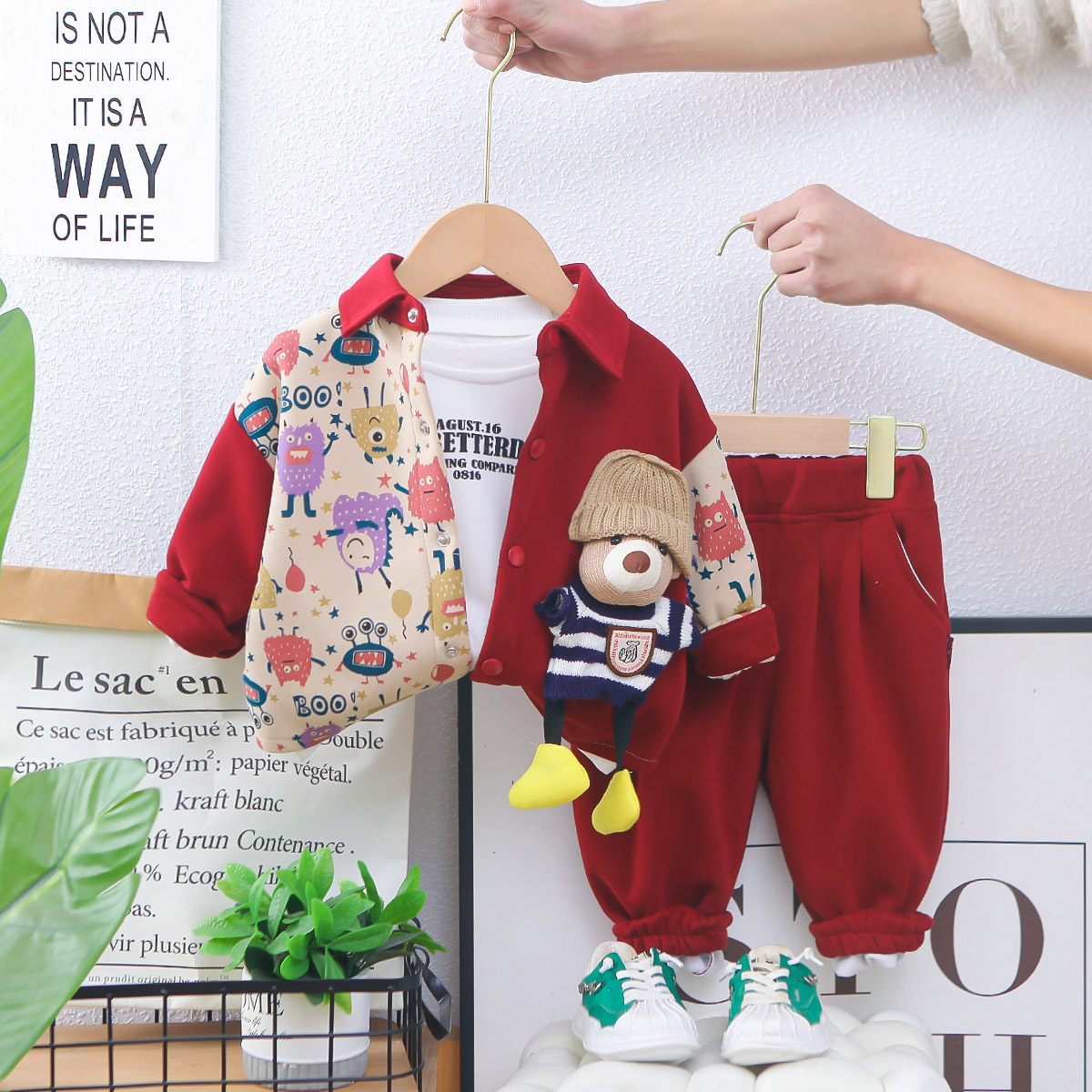 2025 New Hot Selling Fashionable Baby Block Three Piece Cub Set for Children's and Boys' Spring and Autumn Sets Free Shipping