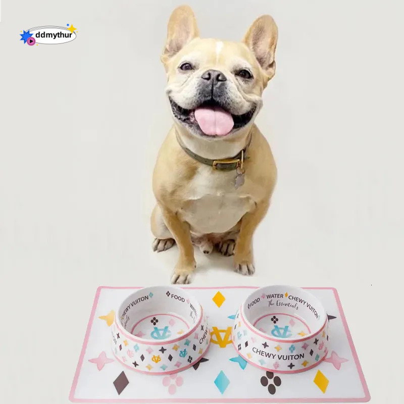Pet Food Water Bowl Set with Mat - Anti-Slip Melamine Feeding Dish for Cats and Dogs, Wide Base ddmythur