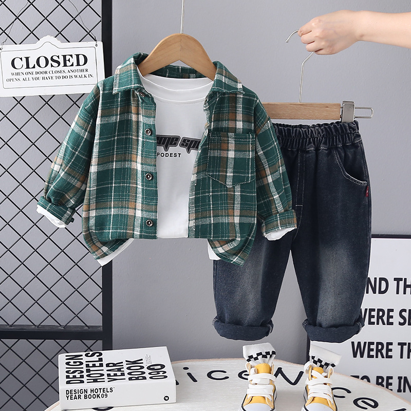 2025 new hot selling western-style checkered shirt, handsome and fashionable casual pants for little boys, three piece set for boys, free shipping des