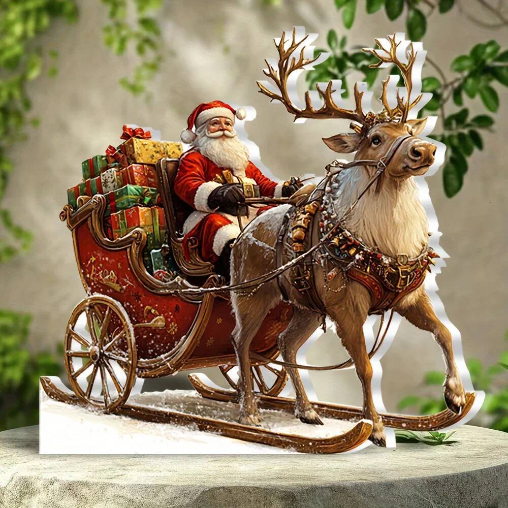 1pcs Reindeer Figurine 2D Acrylic Christmas Santa Claus on Sleigh Decoration Holiday 2025 Party Supplies ddmynov