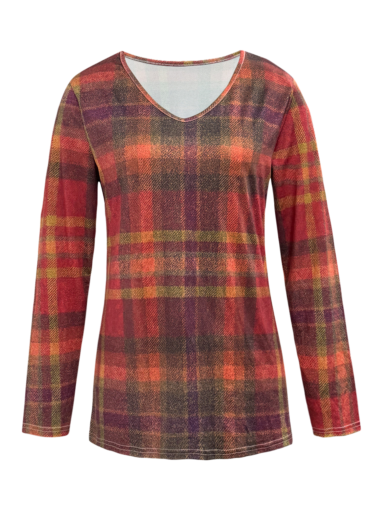 Women's Retro Plaid V-Neck Long Sleeve T-Shirt, Versatile Milk Silk Casual Top-CF40378