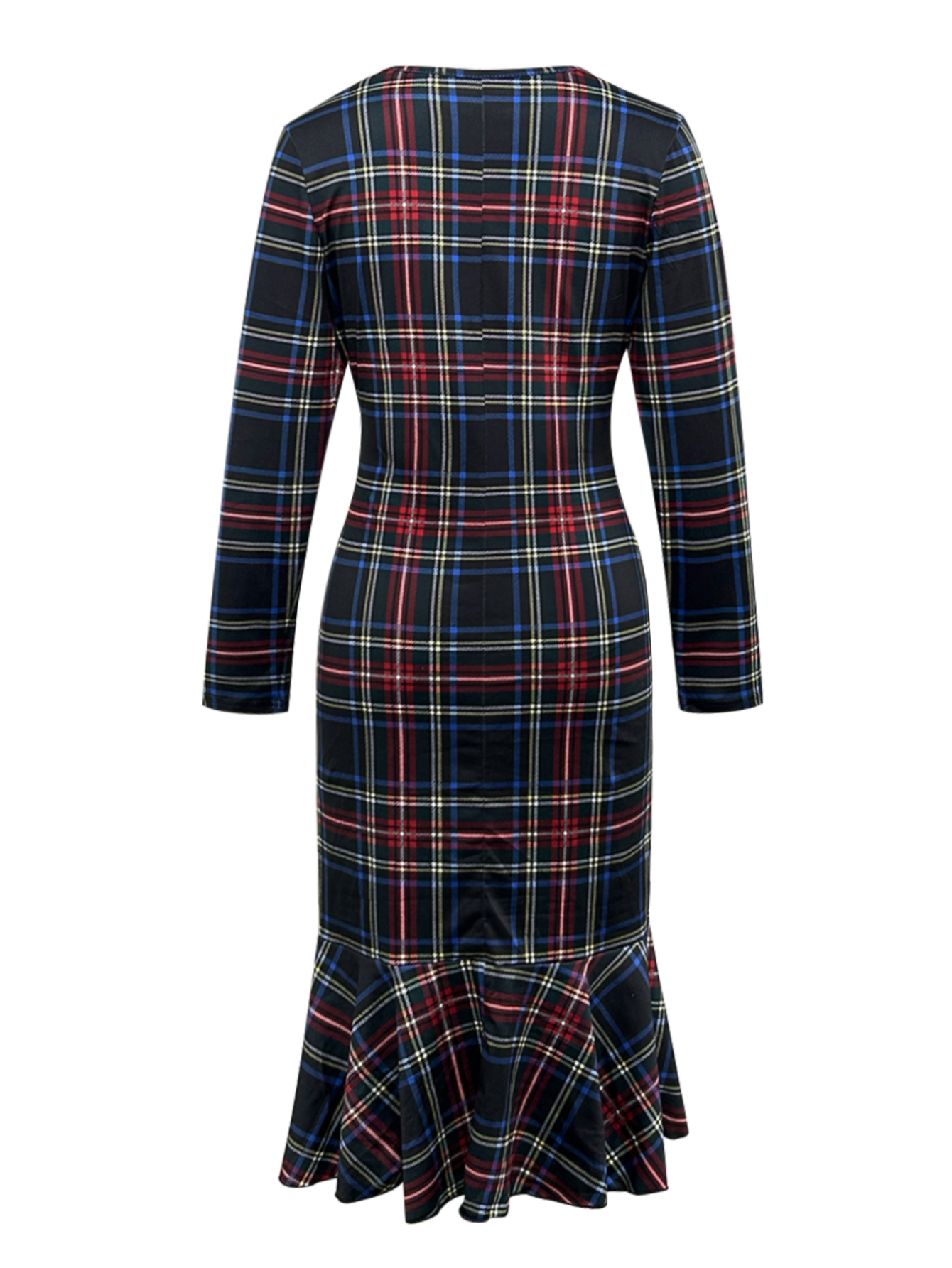 Women's Autumn & Winter Plaid Printed Long Sleeve Mermaid Dress, Elegant Commute & Casual Slim - Fitting Milk Silk Dress-CF56390