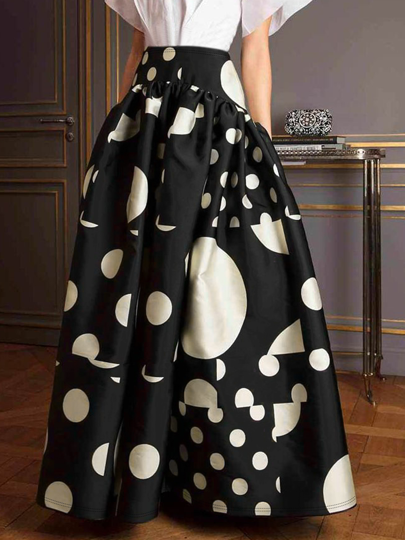 Women's Autumn & Winter New Fashion Commute High - Waist Midi Skirt, Geometric Printed Milk Silk Skirt-CF56229