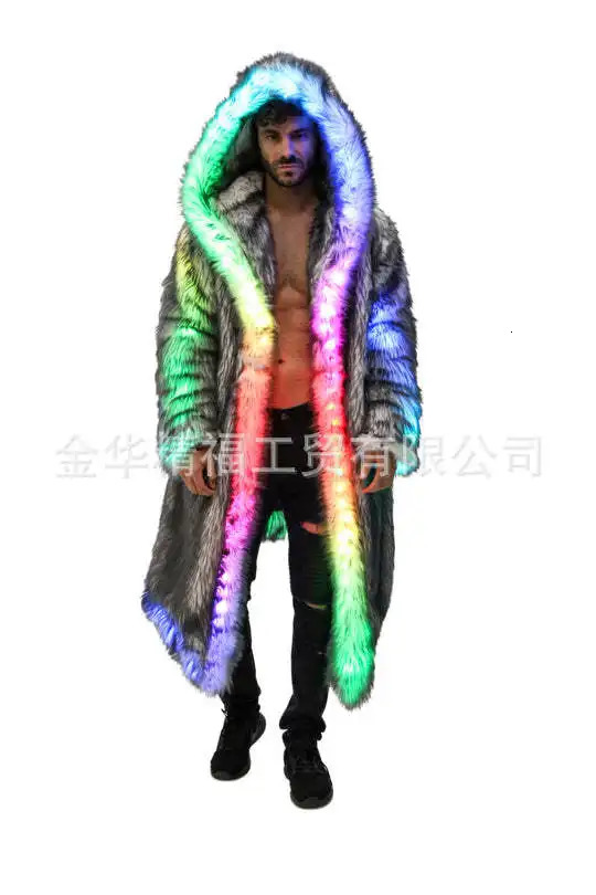 Faux Fur Coat Men Hooded Outerwear Comfortable Thick Winter Warm Long Jacket LED Stage Dance Party Cosplay Costume Overcoat 251018
