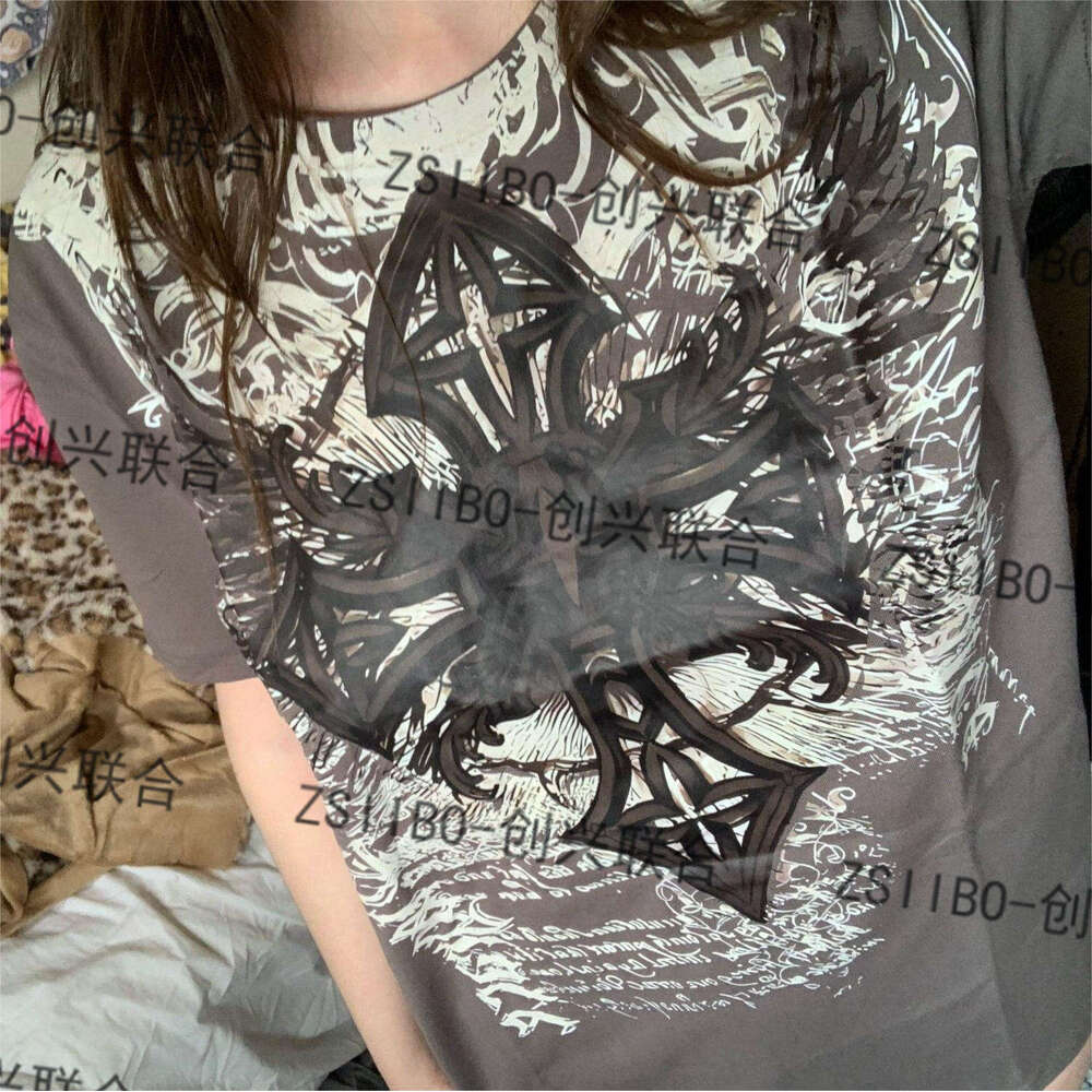 Gray Green Cross Full Print High-Quality Heavy Cotton Men's T-Shirt Women's Loose Short Sleeve European and American Export