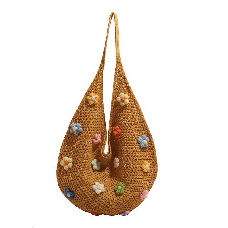 Women Flower Knitted Shoulder Bag Hollow Out Handbag Large Capacity Handwoven Hobo Bag Casual Top Handle Bag Outdoor Travel BagT251020