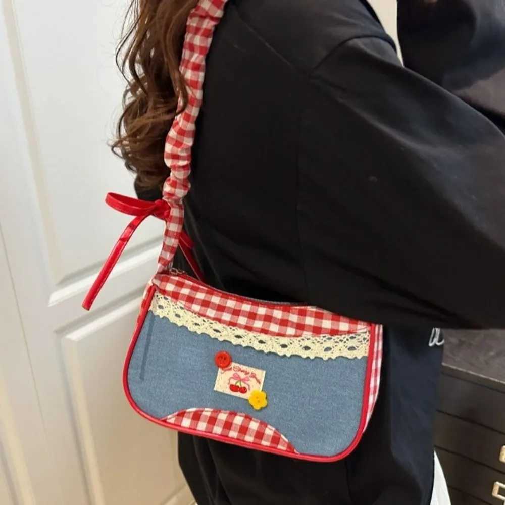 Portable Rural Style Lattice Shoulder Bag Plaid Bow Denim Underarm Bag Leisure Commuting Crossbody Bag TravelT251020