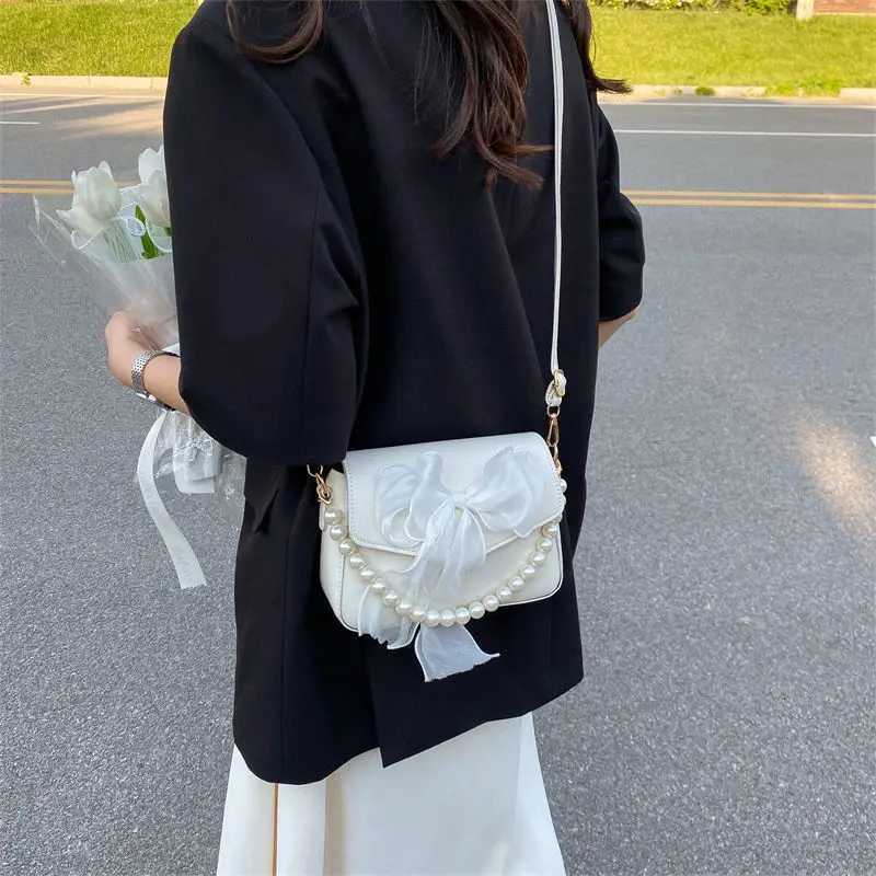 Pearl Lace Bow Collocation PU Leather Small Bags for Women Daily Use Handbag Shoulder Cross Body Bags Teen Girls Phone PouchT251020