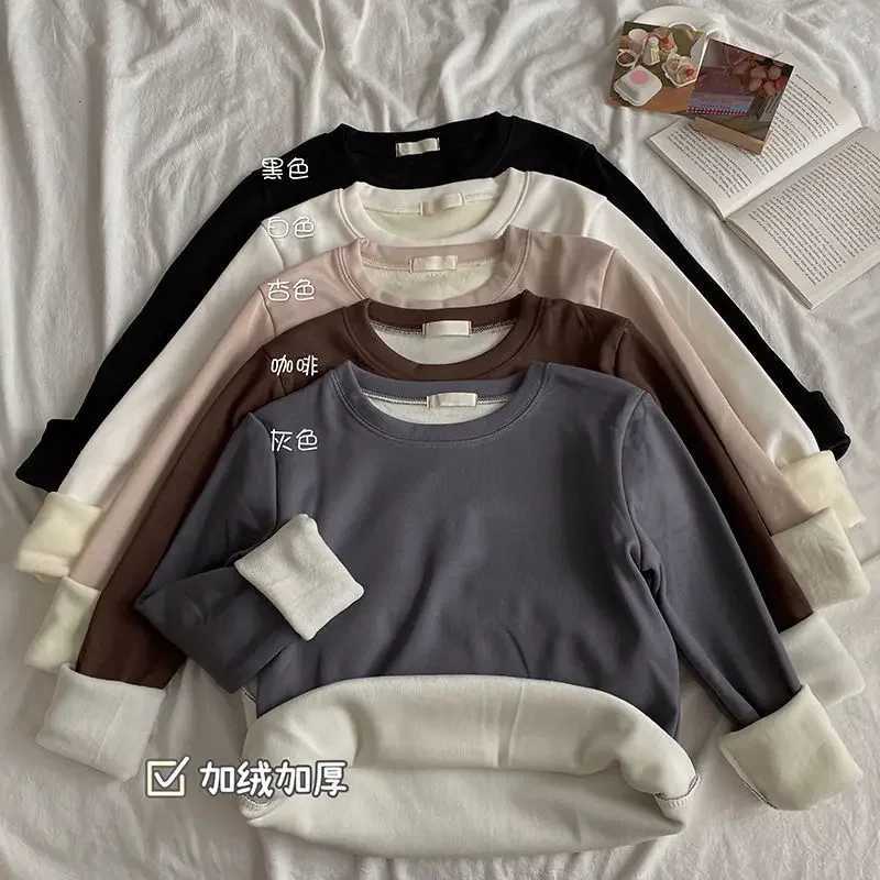 Womens Plush and Thickened Warm Top Jihan Simple Versatile Round Neck Underwear Solid Color Long Sleeve Underlay FashionT251020