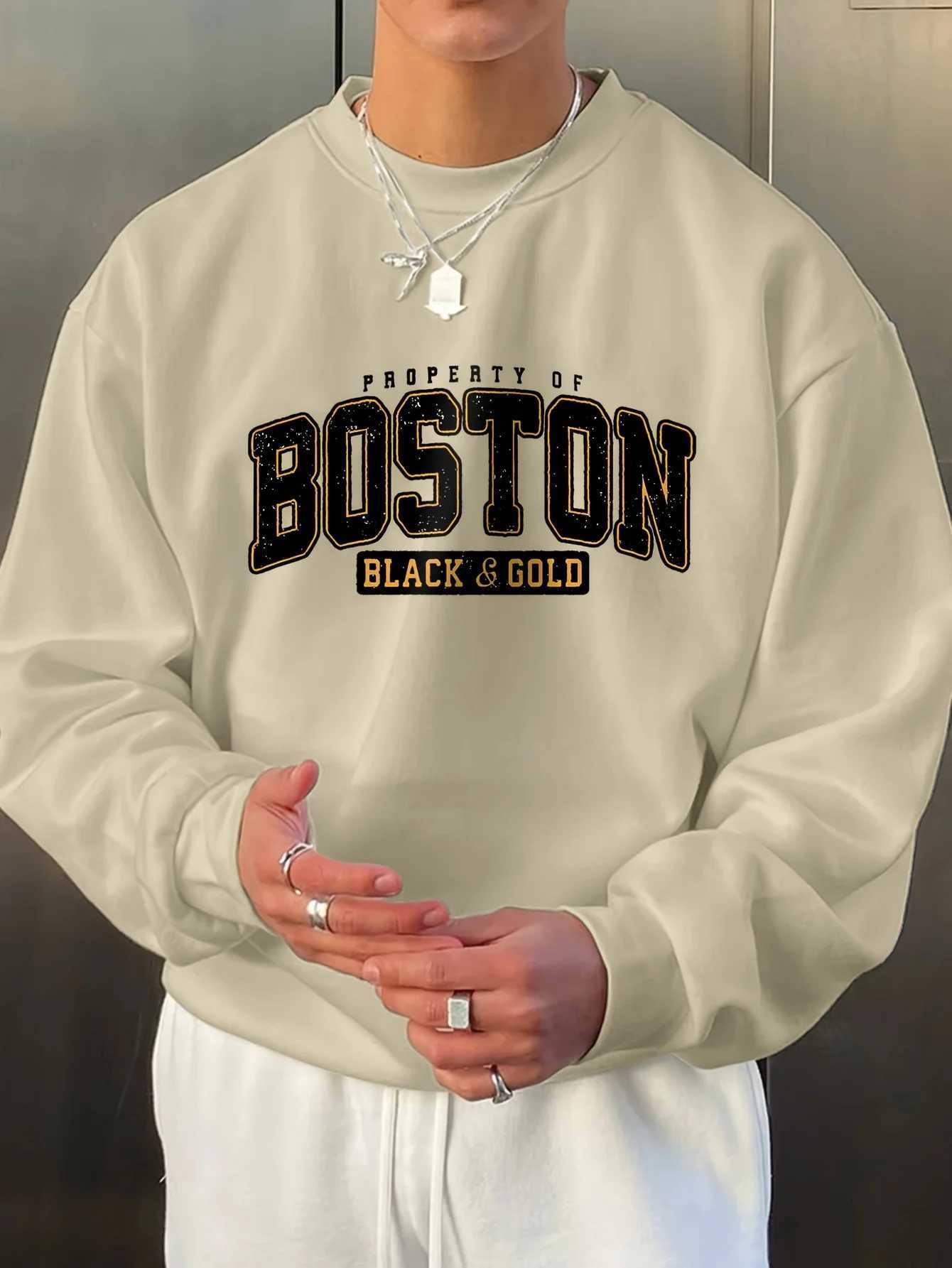 Mens autumn and winter fashionable casual loose Boston black golden letter graphic fleece long sleeved round neck sweatshirt W251020