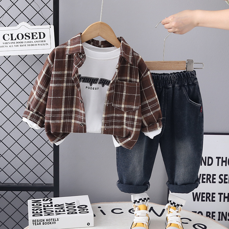 2025 new hot selling western-style checkered shirt, handsome and fashionable casual pants for little boys, three piece set for boys