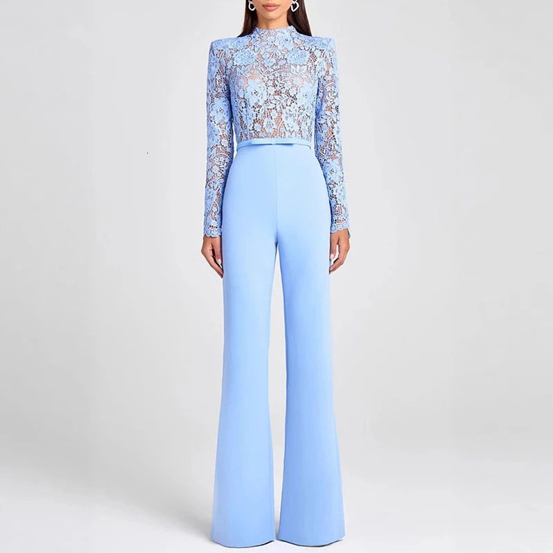 Jacquard Lace Highwaisted Women Jumpsuit Embroidery Crochet Office Straight Playsuit Sexy See Through Hollow Flare Pants Romper 251016