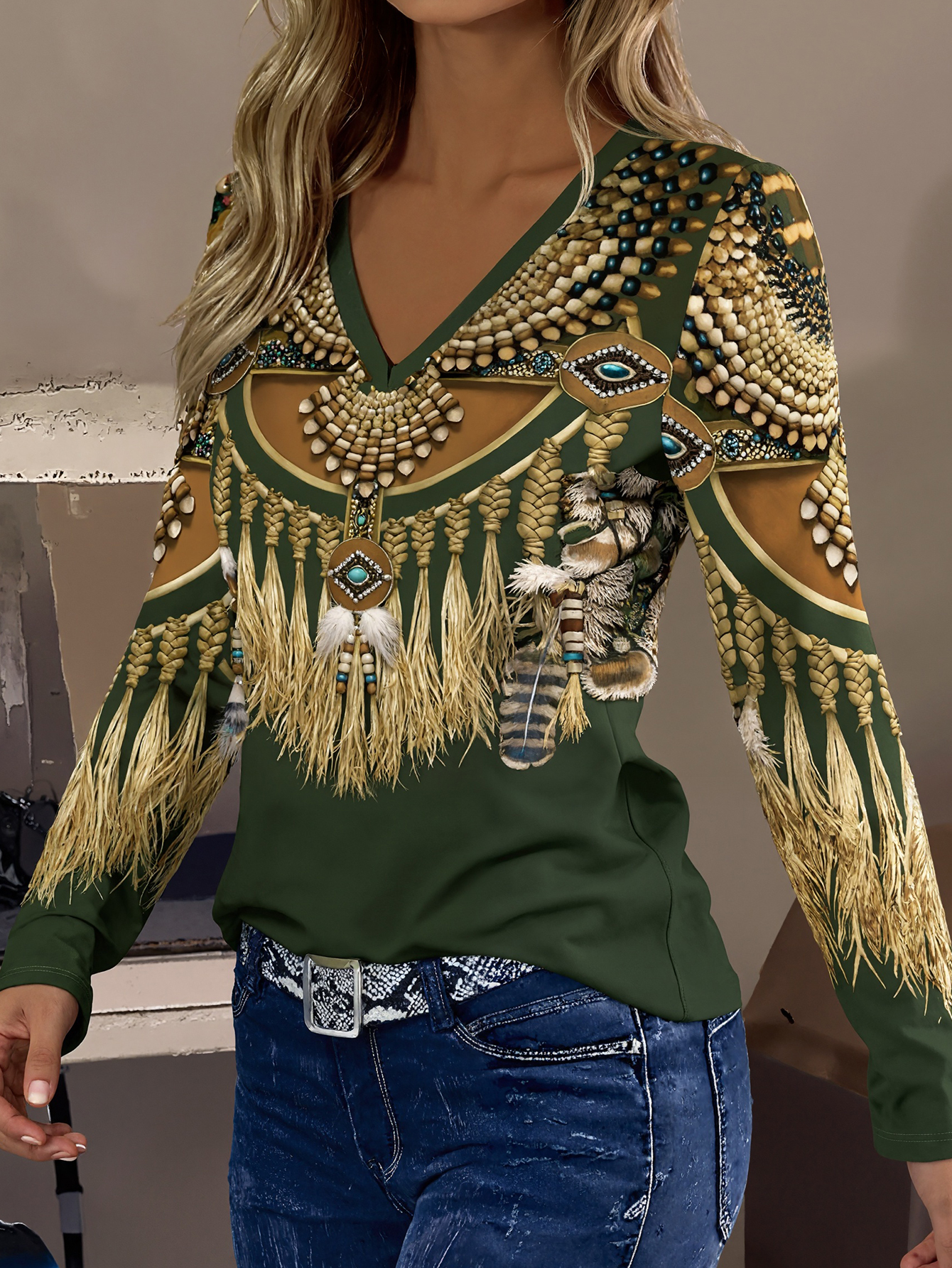 Women's Autumn & Winter Retro Ethnic Style V - Neck Long Sleeve Top, Casual Milk Silk Blouse-CF40221