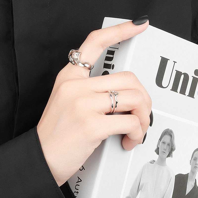 LIVVY Silver Color Irregular Hollow Double Line Geometric Ring Female Simple Unique Design Fashion Adjustable Jewelry J251020