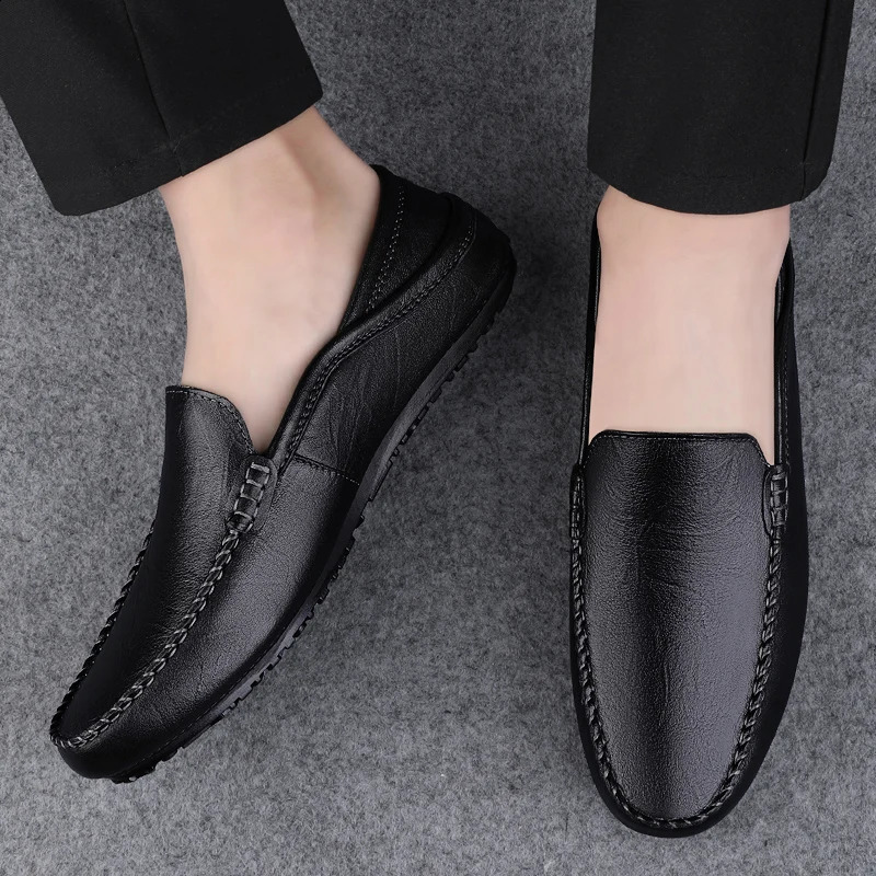 Spring Genuine Leather Mens Loafers Handmade Moccasins Casual Shoes Soft Sole Mens Business Flat Brown Minimalist Leather Shoes 251013