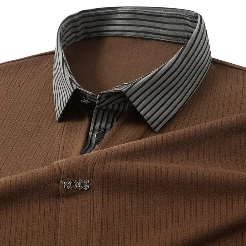 Mens FallWinter Long Sleeve TopKnit Sweater with Woven Shirt Collar and Knit Body Blouse Tshirt 251015