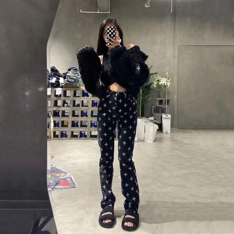 Women's High-Waisted Black Jeans with Cross Pattern - Fashionable, Loose, Slimming Straight-Leg Pants for Spring, Autumn and Winter Z260313