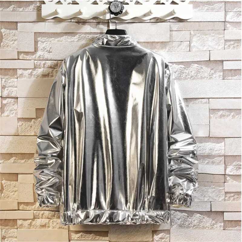 Shiny Gold Mens Stage Performance Suit Set with Loose Long Sleeve Top and Pants Silver Stylish Casual Outfit W251020