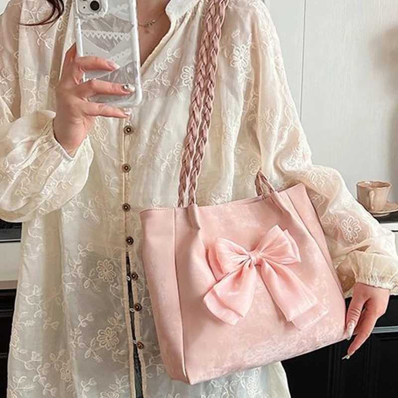 Bow Contrasting Color Single Shoulder Versatile Casual Handheld Tote Womens BagT251020