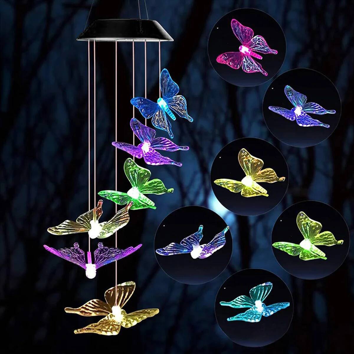 Butterfly Solar Wind Chime 120mAh Multicolor Light Waterproof Chandelier with Bell for Garden Home Yard Lawn Decoration ddmysept