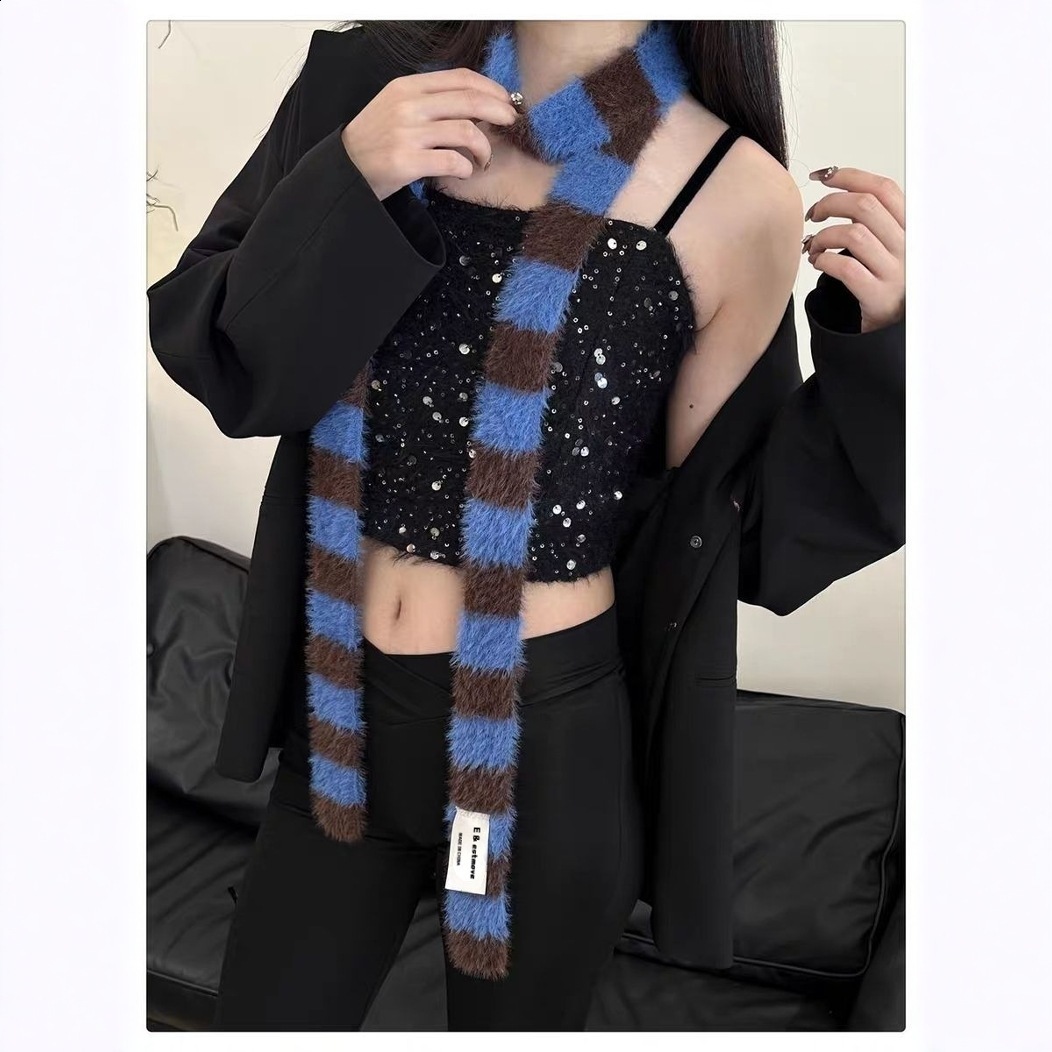 Y2K colored cashmere striped scarf for women cute winter plush warm necklace Japanese childrens scarf couple thick packaging 241007