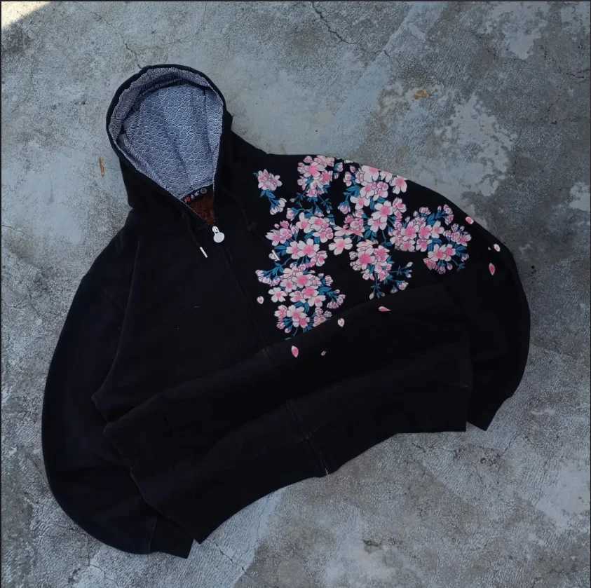 Harajuku Crane Flower Graphics Oversize Black Zipper Hoodie Mens and Womens Y2K New Gothic Fashion Casual Retro Street Wear W251020