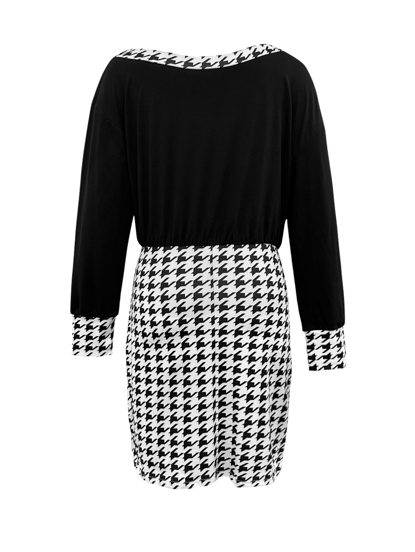 Women's Autumn & Winter New Houndstooth Print Off - Shoulder Dress, Fashion Commute Milk Silk Midi Dress-CF55167