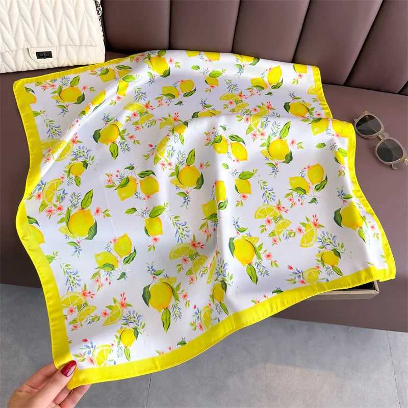 Luxury Womens Summer 70x70cm Square Silk Scarf Lemon Printed with Flowers Scarves Hair Band Yellow Shawl Bandana Hijab Wrap11 D2510201