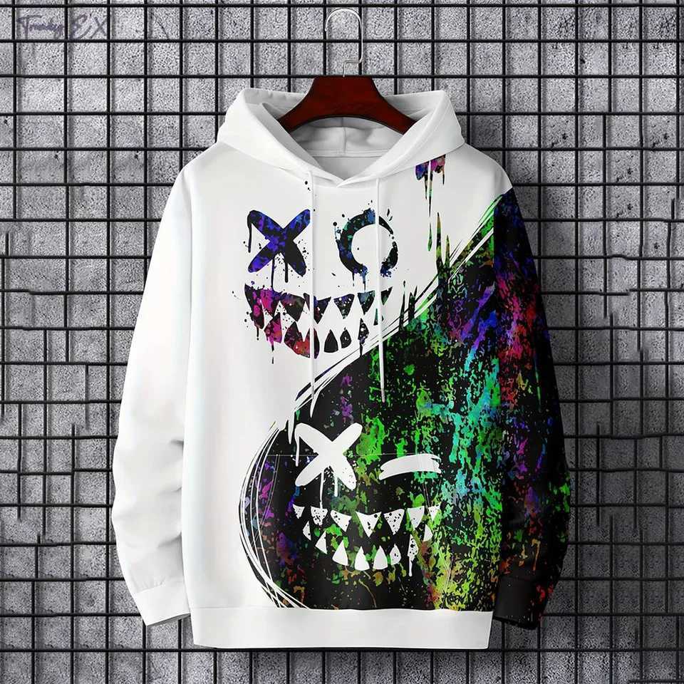 New autumn mens fashionable smiling face design printed soft and comfortable hooded sweatshirt outdoor streetwear W251020