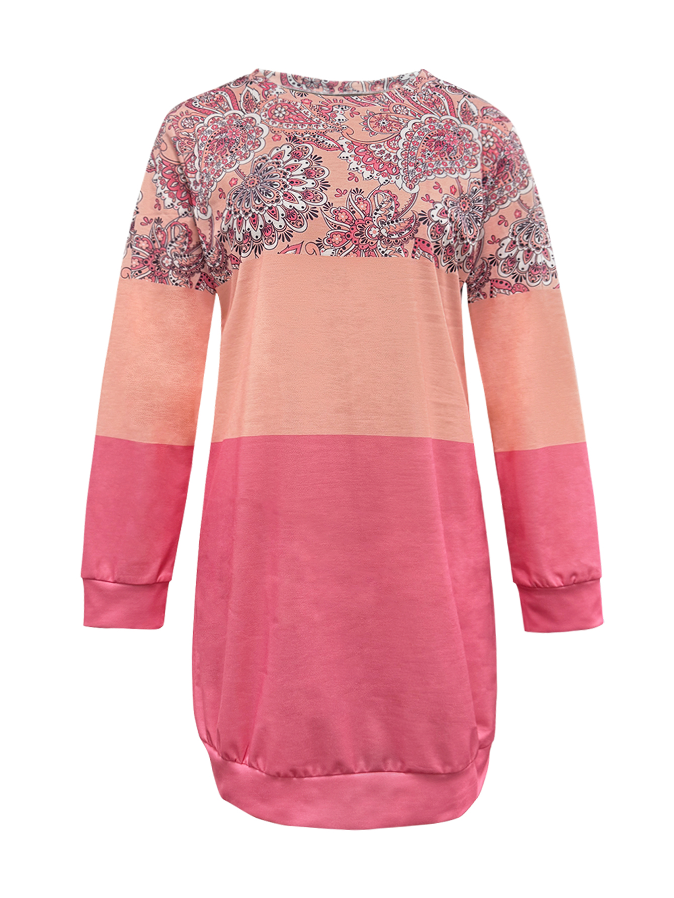 Women's Autumn & Winter Fashion Ethnic Floral Printed Patchwork Dress, Sweet Color - Block Crew Neck Long - Sleeve Sweatshirt Dress-CF55314