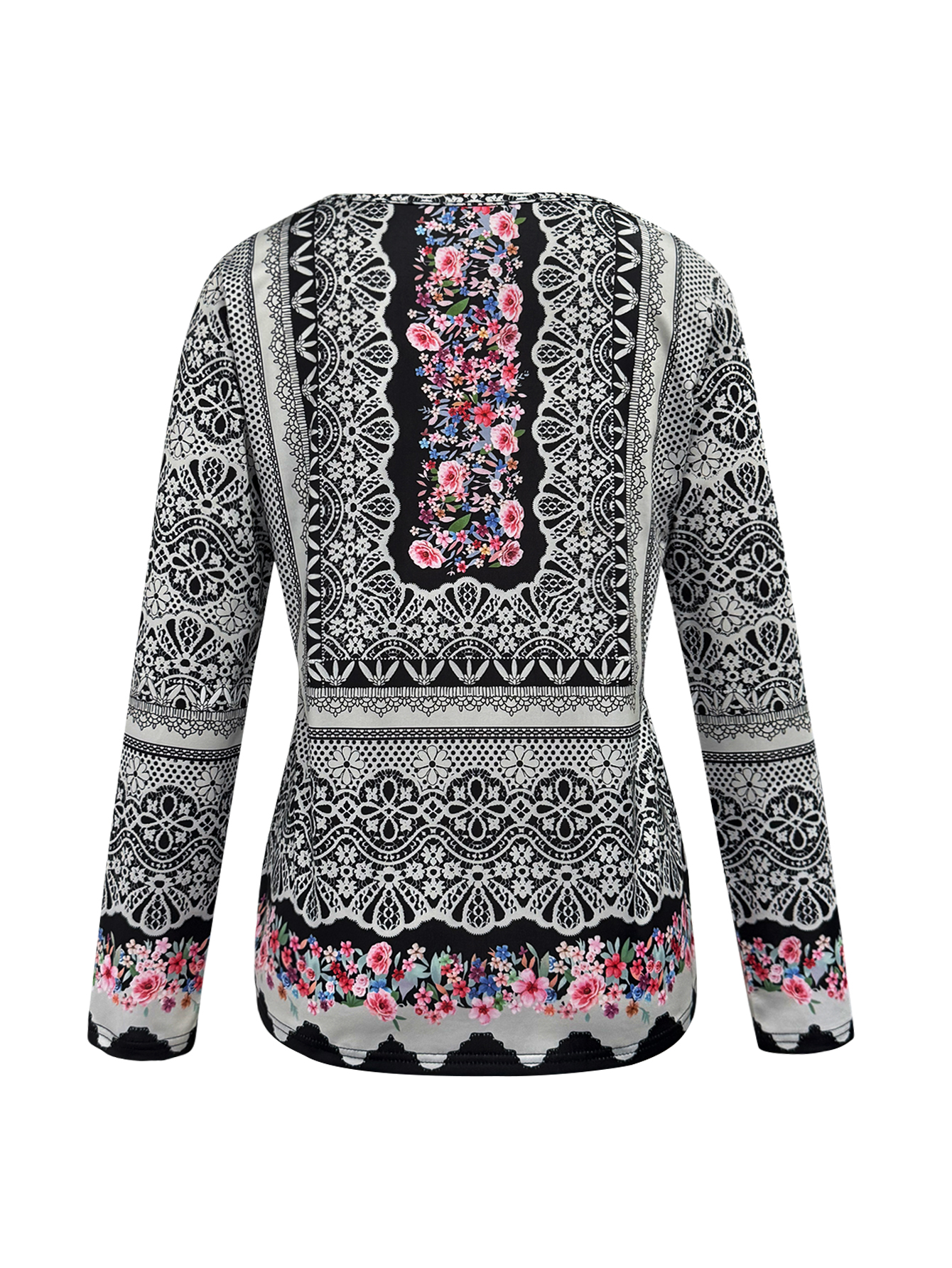 Women's Retro Ethnic Style V-Neck Thin Long Sleeve T-Shirt, Fashion Milk Silk Top (S-XXL, Black Gray)-CF43476