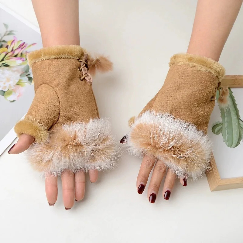 Winter Womens Faux Rabbit Fur Fingerless Mittens Wrist Gloves Faux Leather Warm Cozy Touch for Cold Weather 251020