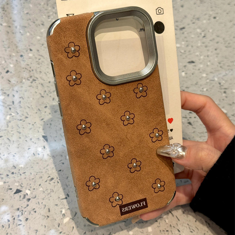 Autumn and Winter Brown Leather Three-Dimensional Flower Suitable for iphone 17promax Phone Case iPhone16 Anti-Fall 15/14