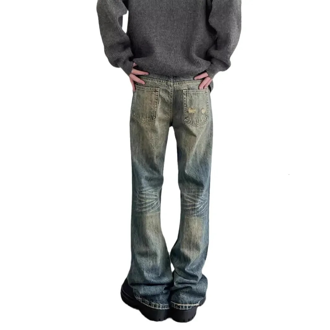 Vintage American Style Mens StraightLeg Slimming Long Jeans Distressed Washing Denim Pants Trendy Bootcut 251009
