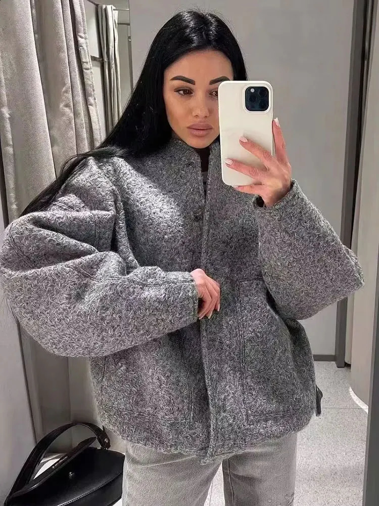 Women Fashion With Pockets Oversized Bomber Jacket Coat Vintage Long Sleeve Snap Button Female Outerwear Chic Tops 251106