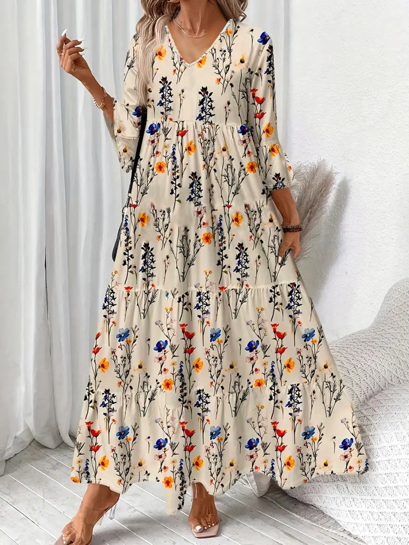 Women's Autumn & Winter New Floral Printed V - Neck Midi Dress, Casual Vacation & Commute Milk Silk Dress for Mom-CF55109