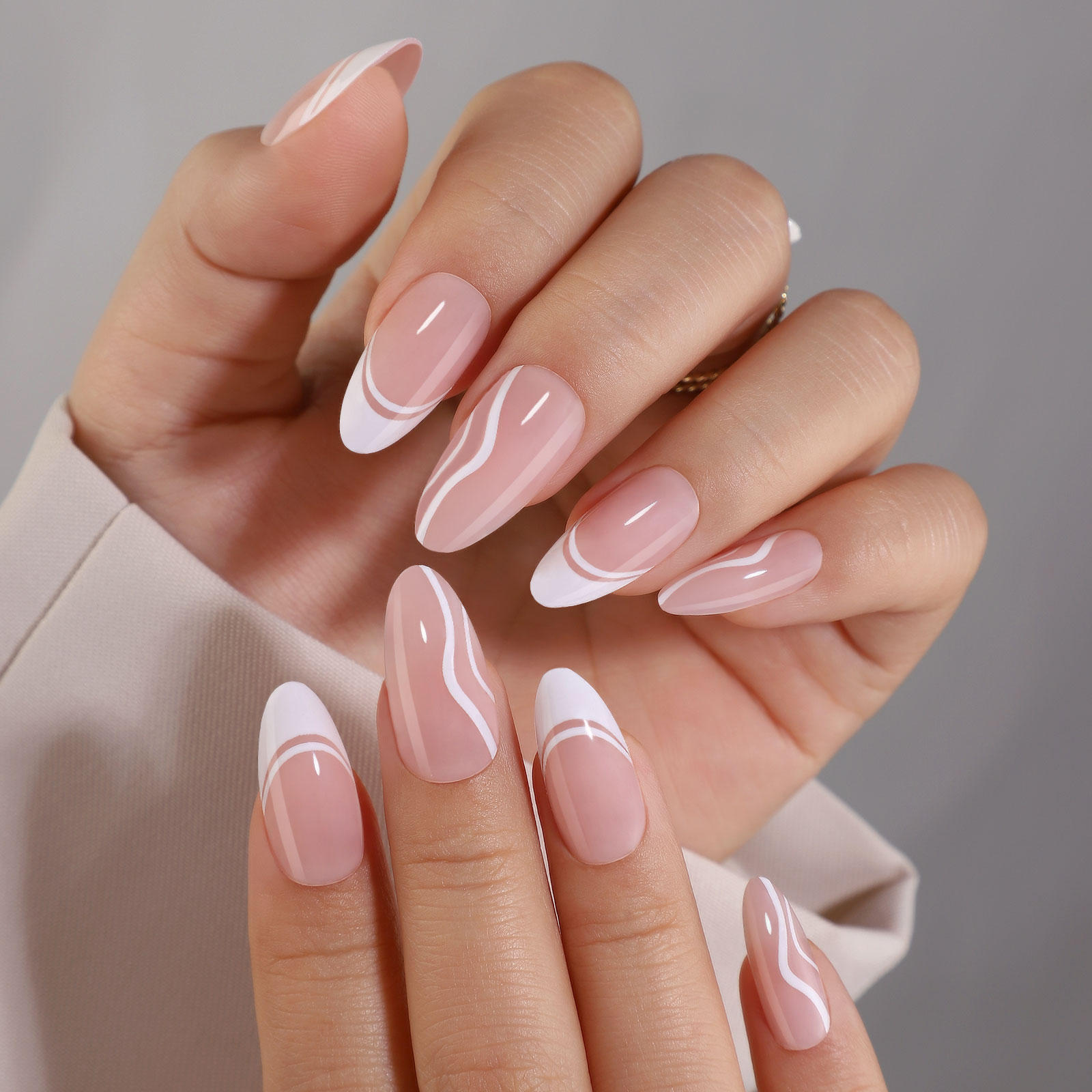 paired with white french border and white thread press on nails gentle and elegant suitable for girls and women to wear daily