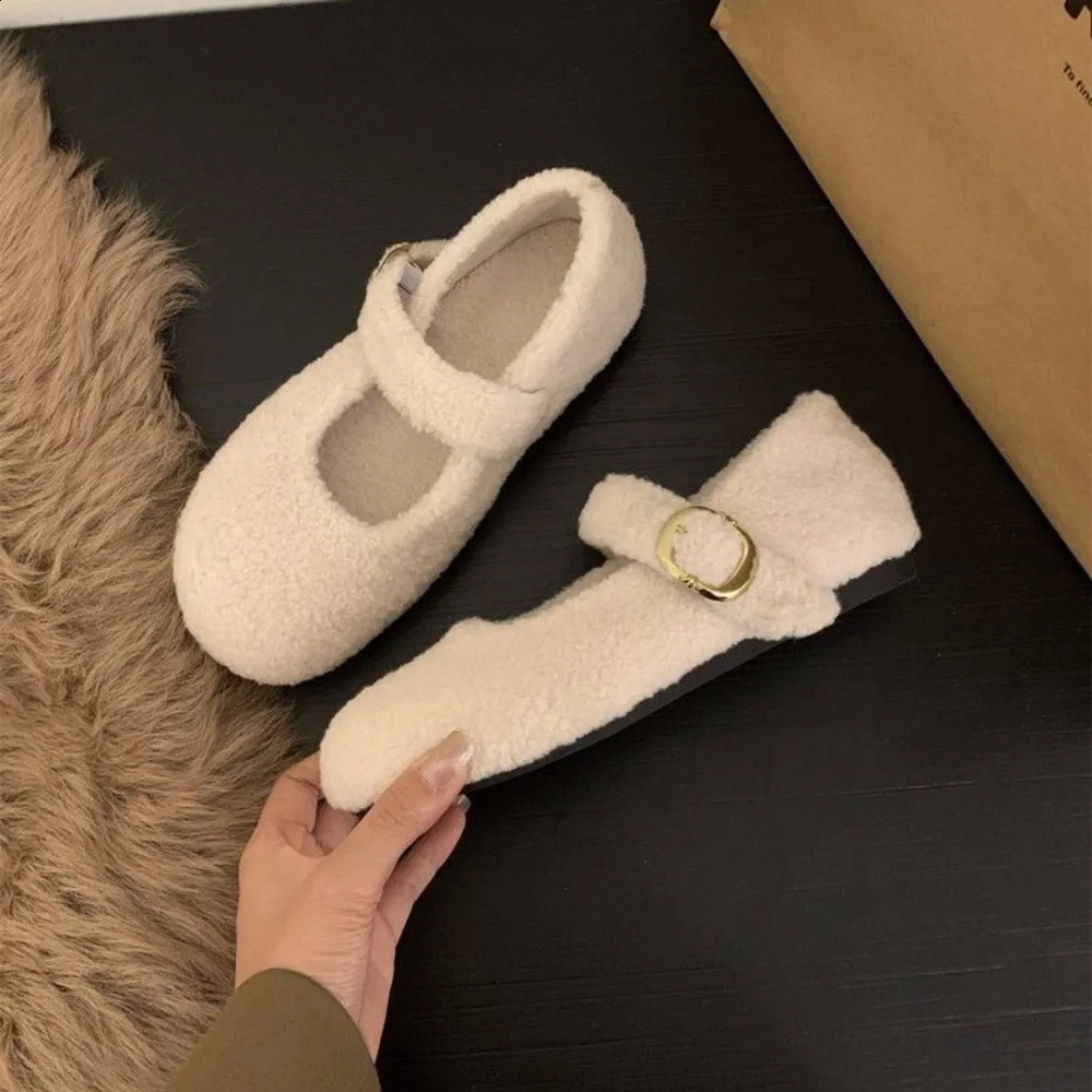 Fashion Square Toe Fleece Flet Ballet Flats Woman Winter Warm Wool Mary Jane Shoes Ladies Elegant Plush Loafers 251013
