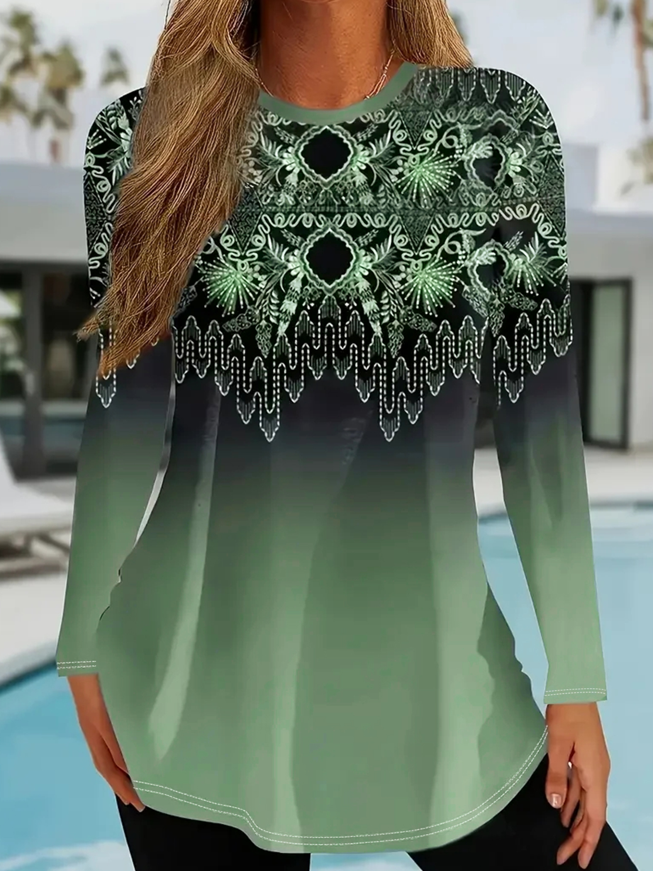 Women's Autumn & Winter Retro Ethnic Style Gradient Floral Printed Crew Neck Top, Casual Daily Wear Milk Silk Blouse-CF55338