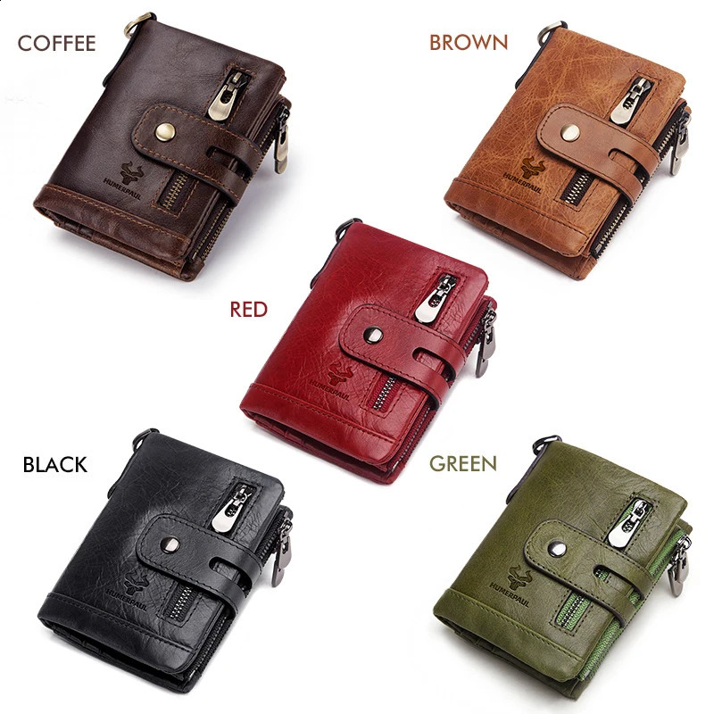 HUMERPAUL100 Genuine Cowhide Leather Wallet For Men Short RFID Money Purse Card Holder Double Zipper Bifold Coin Pocket 251023ww