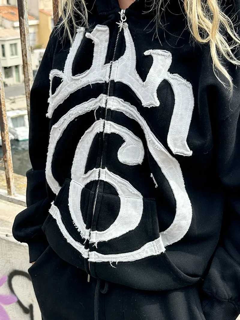 Y2K Clothing New Fashion Letter Embroidery Patch Zipper Hooded Sweater Men Gothic Harajuku Hip Hop Popular Casual Sweatshirt W251020