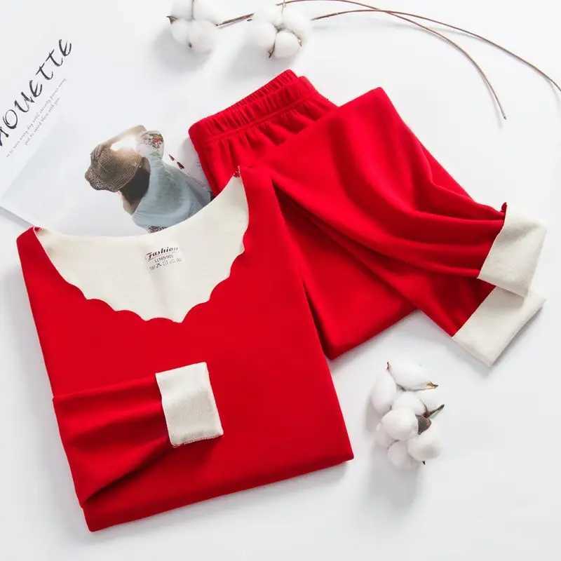 Women Thermal Underwear Winter Long Sleeve Bottoming Flower Vneck Tops Pants Long Johns Solid Soft High Waist Thermal ClothingT251020